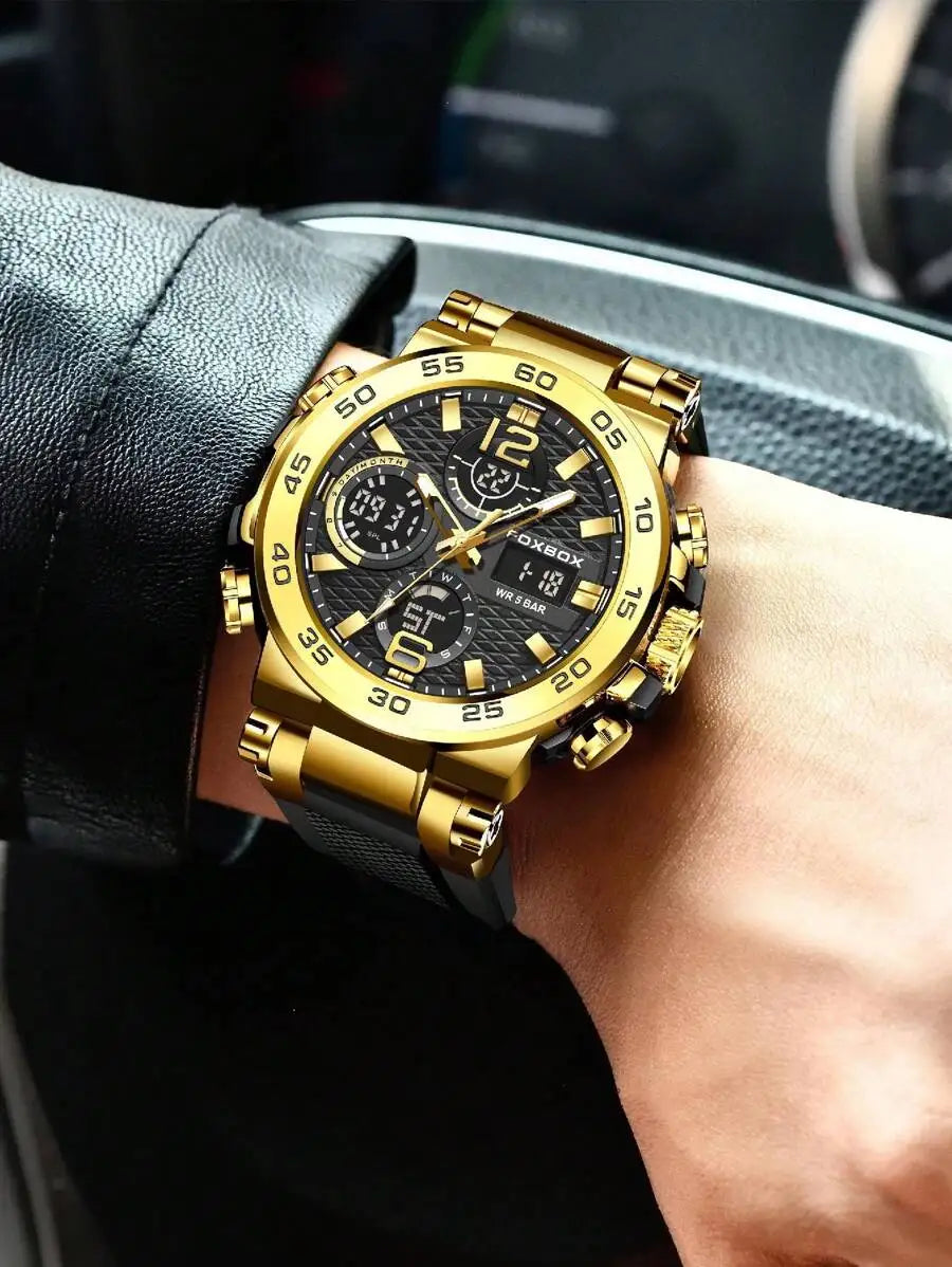 Gold Tone Chronograph Mens Sport Watch With Black Silicone Strap