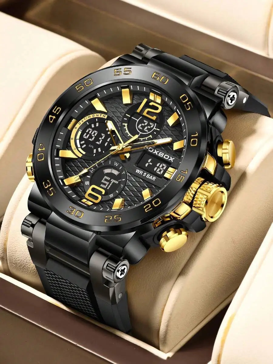 Gold Tone Chronograph Mens Sport Watch With Black Silicone Strap