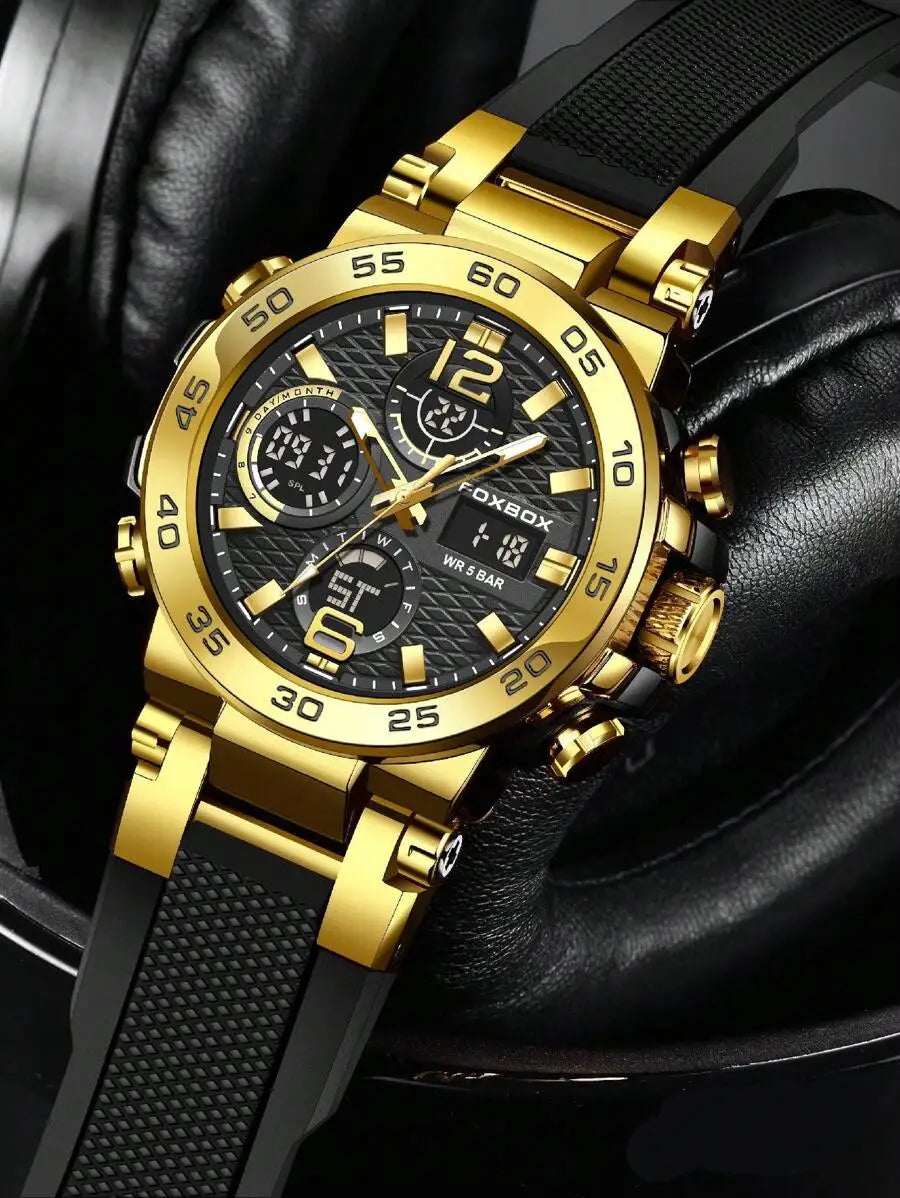 Gold Tone Chronograph Mens Sport Watch With Black Silicone Strap