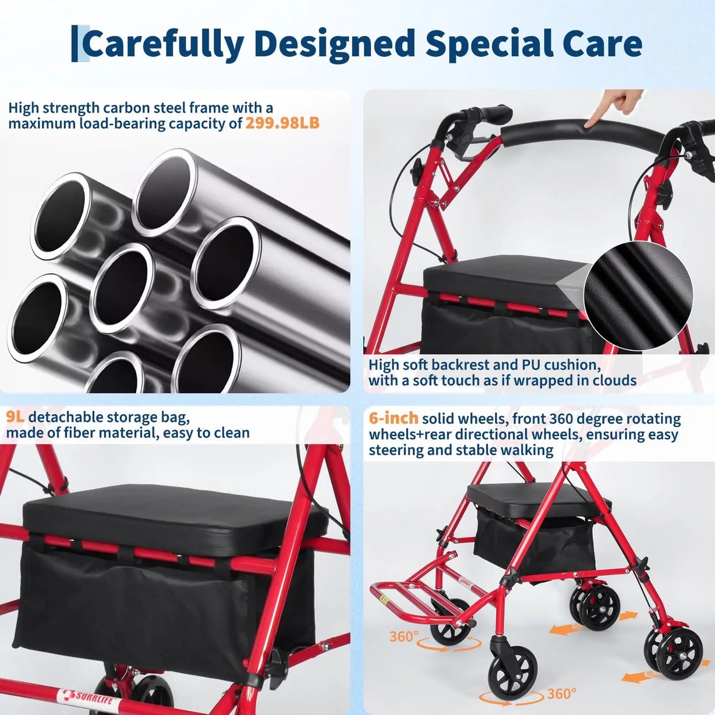 HiMISS Folding Four Wheel Rollator Lightweight Mobility Walker with Seat