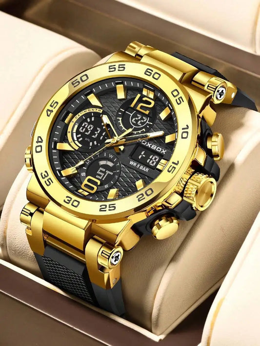 Gold Tone Chronograph Mens Sport Watch With Black Silicone Strap
