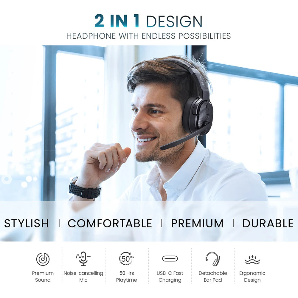 MPOW E65 2in1 Wireless Headphones Bluetooth 5.3 Office Headset