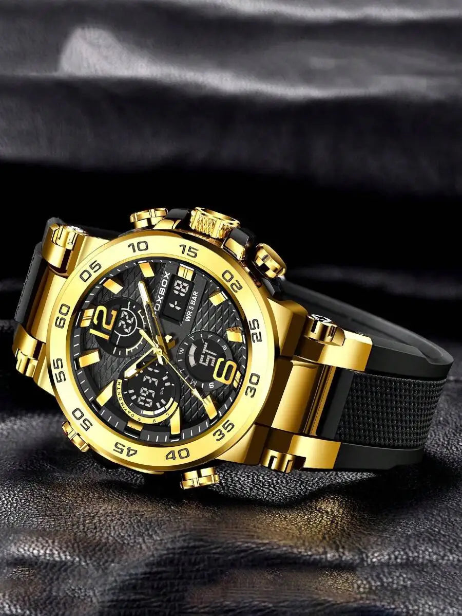 Gold Tone Chronograph Mens Sport Watch With Black Silicone Strap