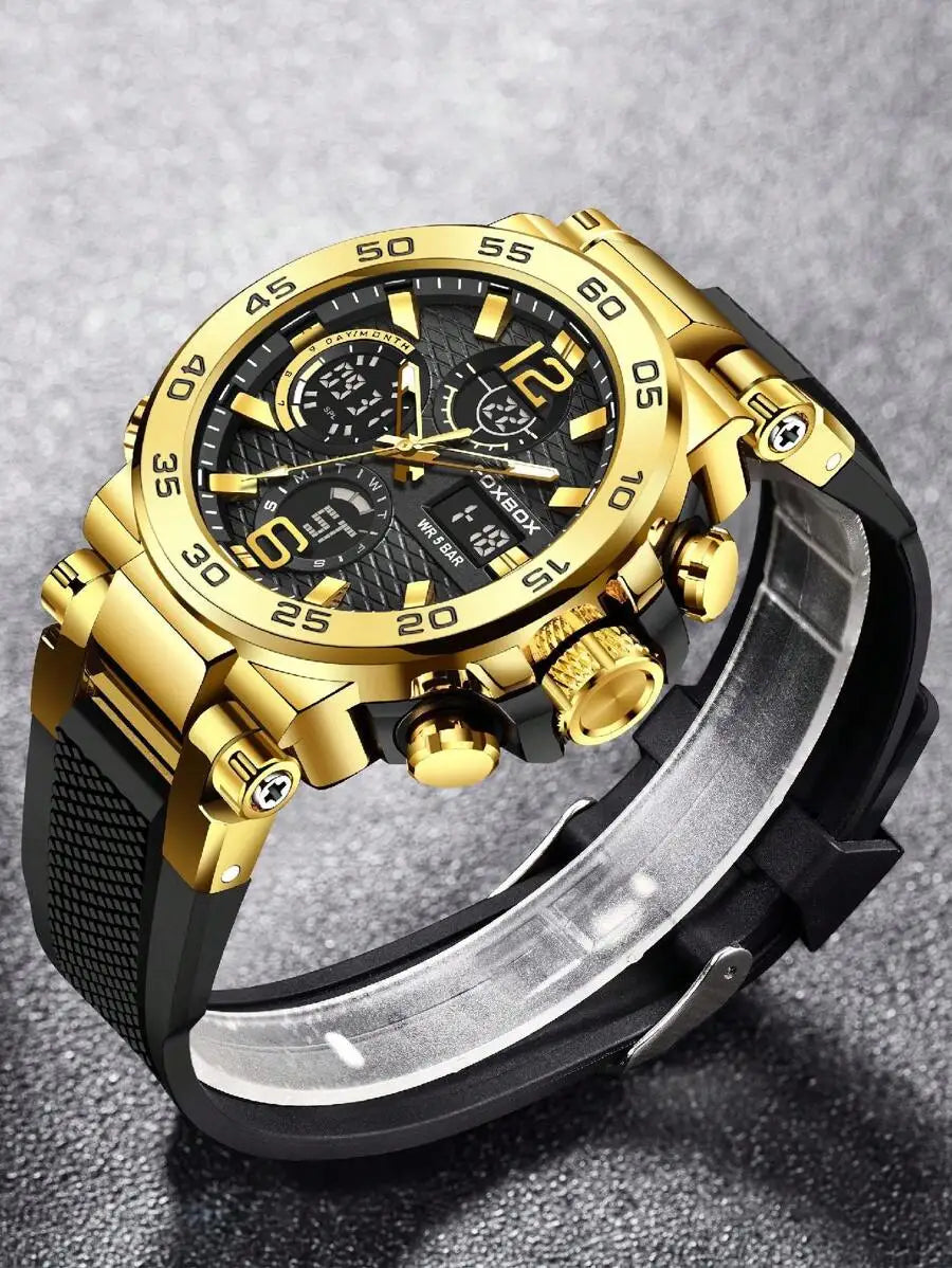 Gold Tone Chronograph Mens Sport Watch With Black Silicone Strap