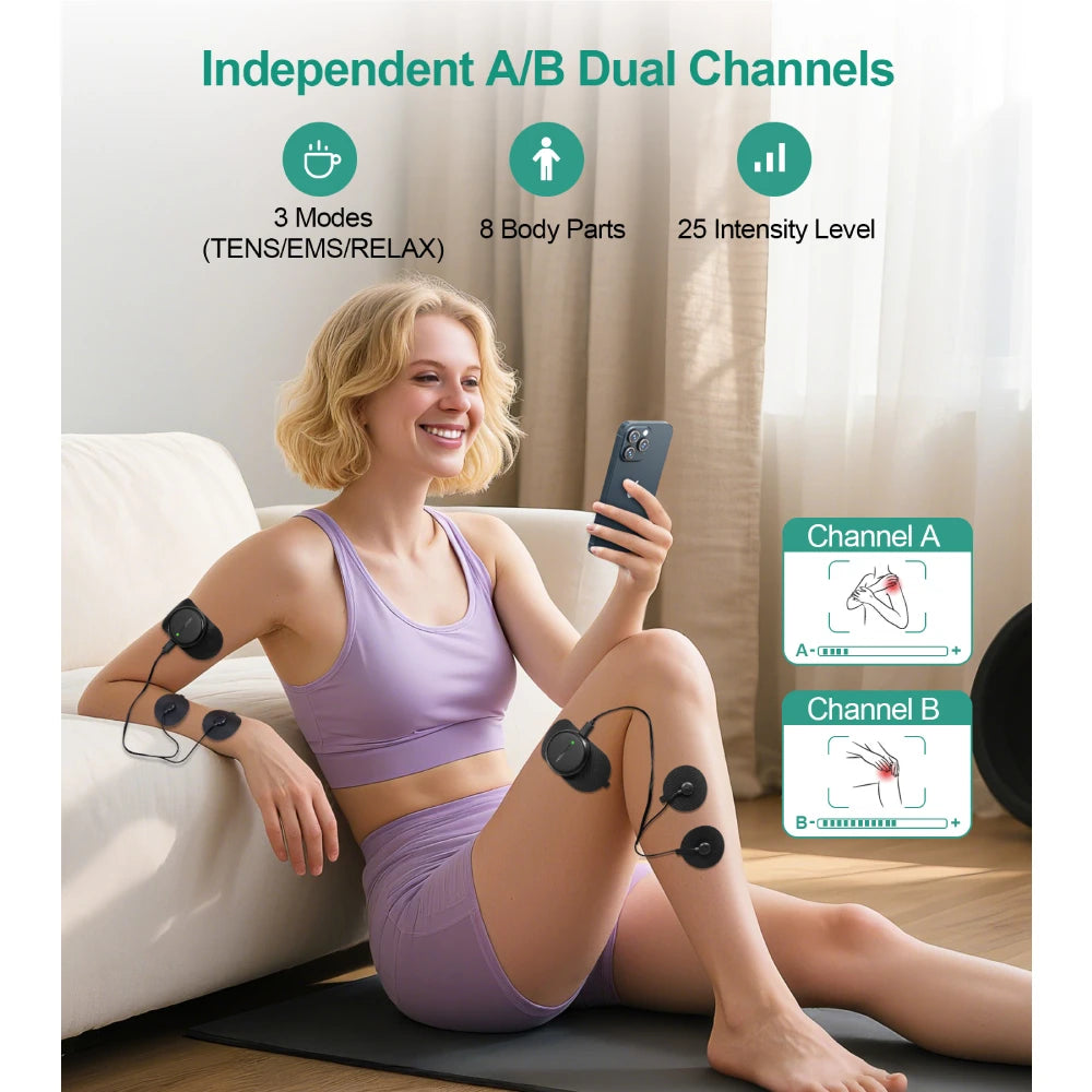 3-in-1 TENS EMS Unit Wireless, Dual Channel Muscle Stimulator 25 Intensities 8 Areas App Control Back Pain Relief Therapy